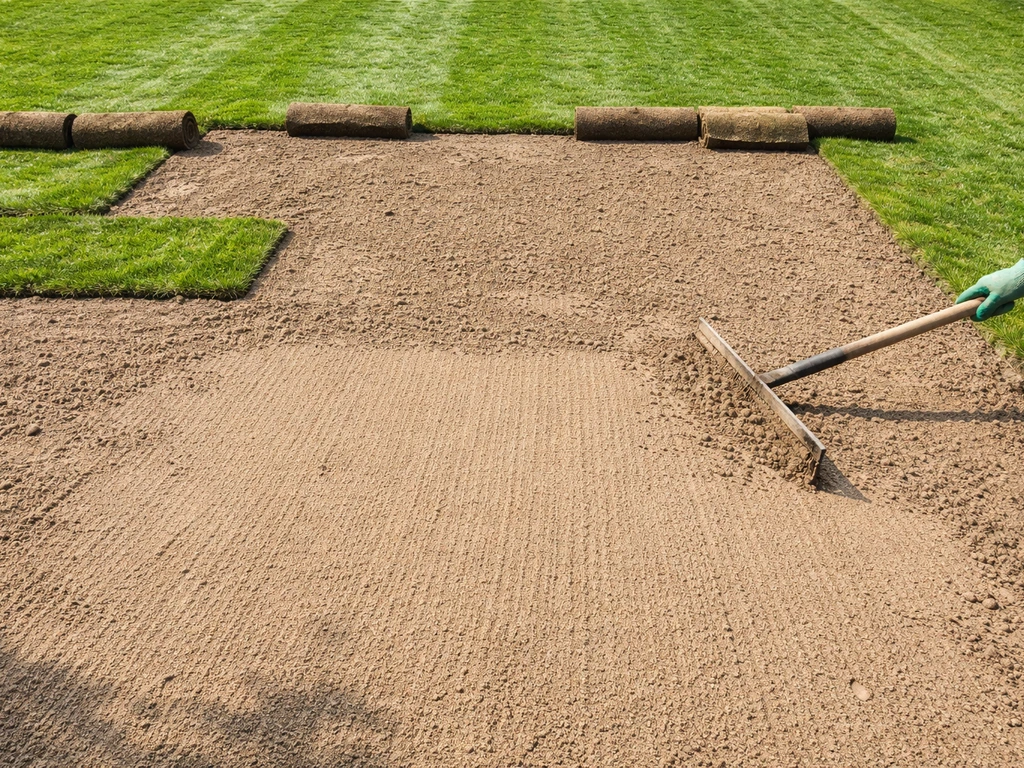 Bovenaanzicht van een egaliserend grasveld met uitgevlakte toplaag en enkele afgewerkte grasmatten.