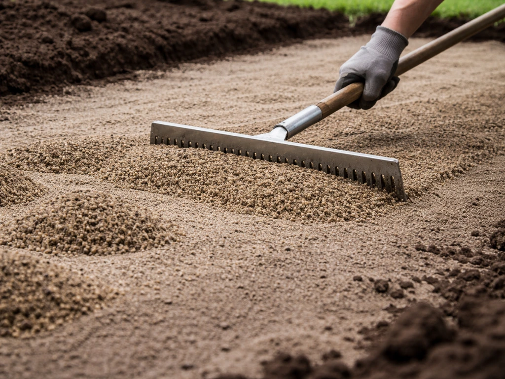 Vakwerker schept dunne laag ophoogmengsel van zand en tuinaarde uit en egaliseert met een sleephark.