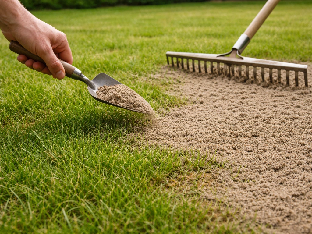 Tuinier vult levend gras met ophoogmateriaal en verdeelt het dun met een sleephark tot ca. 1 cm