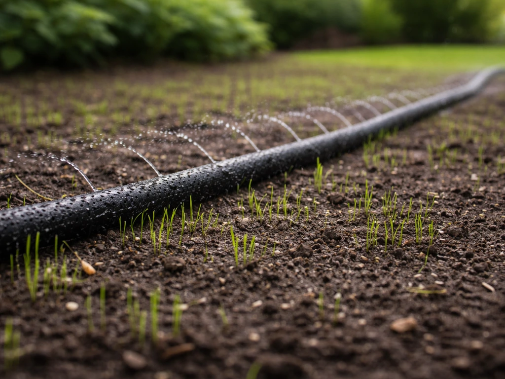 Tuinpad met vers ingezaaid gras en een subtiele, net geplaatste sproeier die licht water geeft