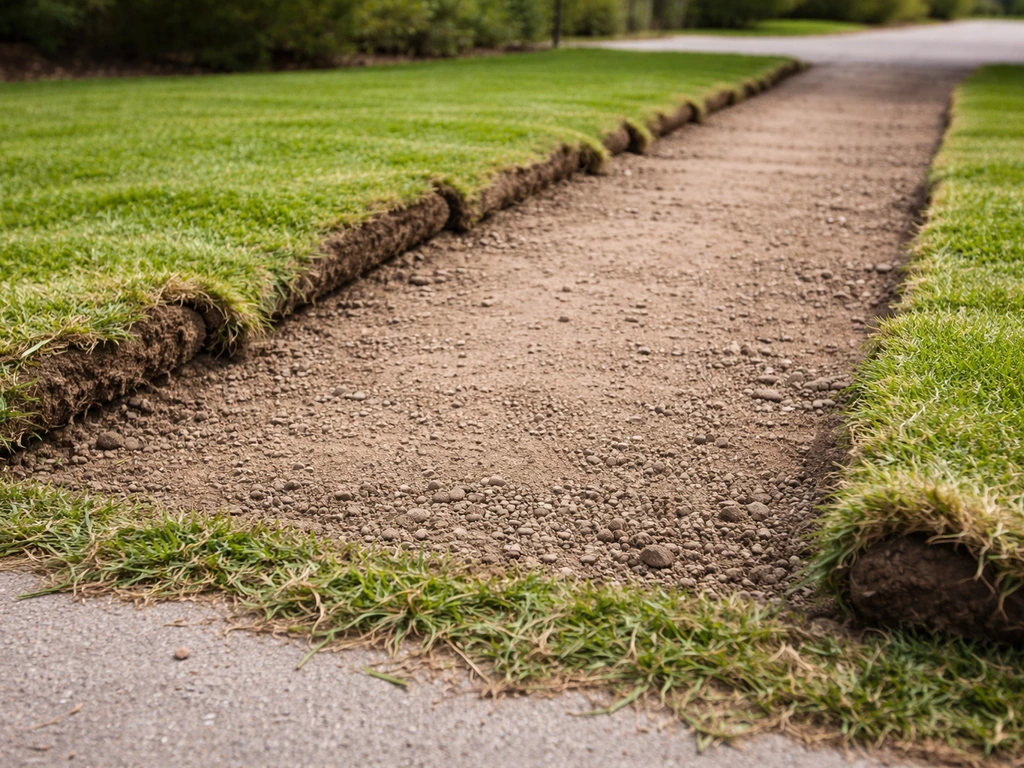 Oprit met net verwijderde grasstrook: kale ondergrond en losgesneden zoden langs de randen