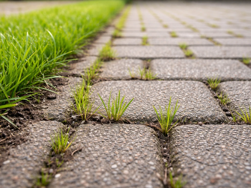 Close-up van gras dat uit de voegen tussen klinkers op een oprit groeit, met zichtbare wortelmat/grassprietjes.