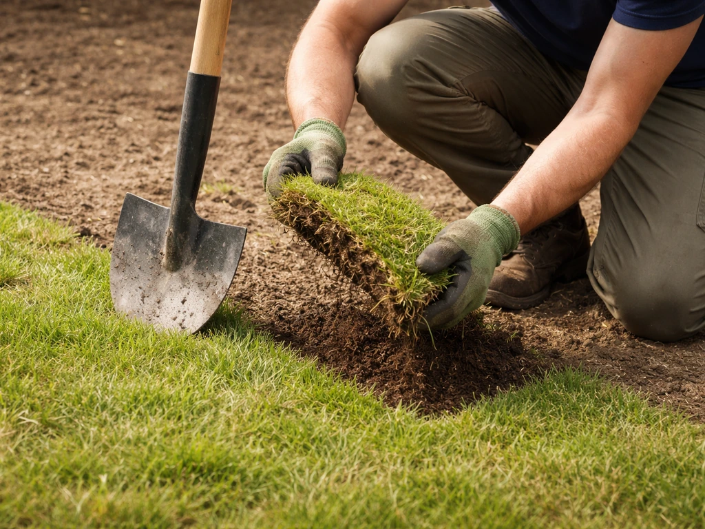 Persoon knielt op een opritstrook en steekt met half-moon spade zode los uit gras.