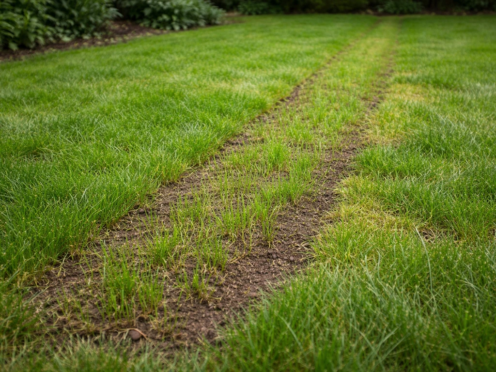 Nederlands gazon met herstelde kale plekken en een strook waar mos/vilt is aangepakt en doorgezaaid.