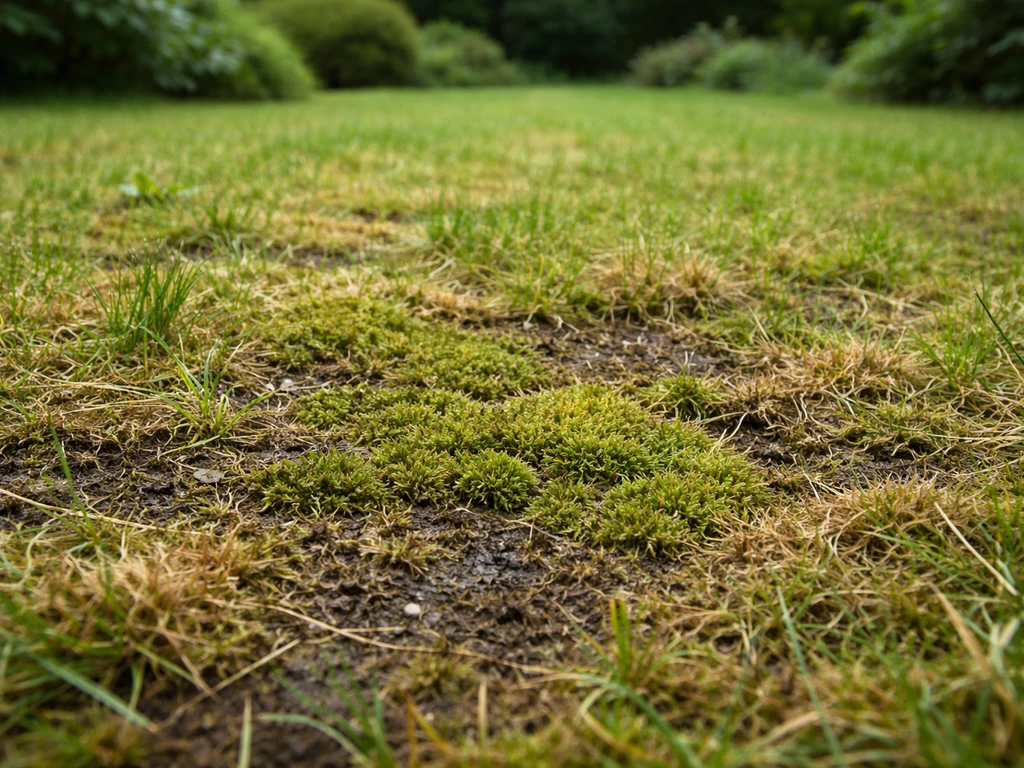 Close-up van een gazon met duidelijk mos en vilt tussen het gras, met een waaiende groene ondergrond.