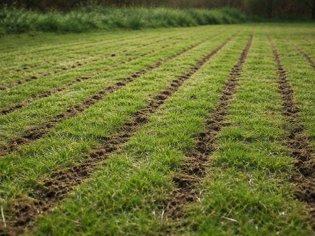 Fris groen gazon in het voorjaar met zichtbare verticuteer- en beluchtingssporen en actief groeiende grassprieten.
