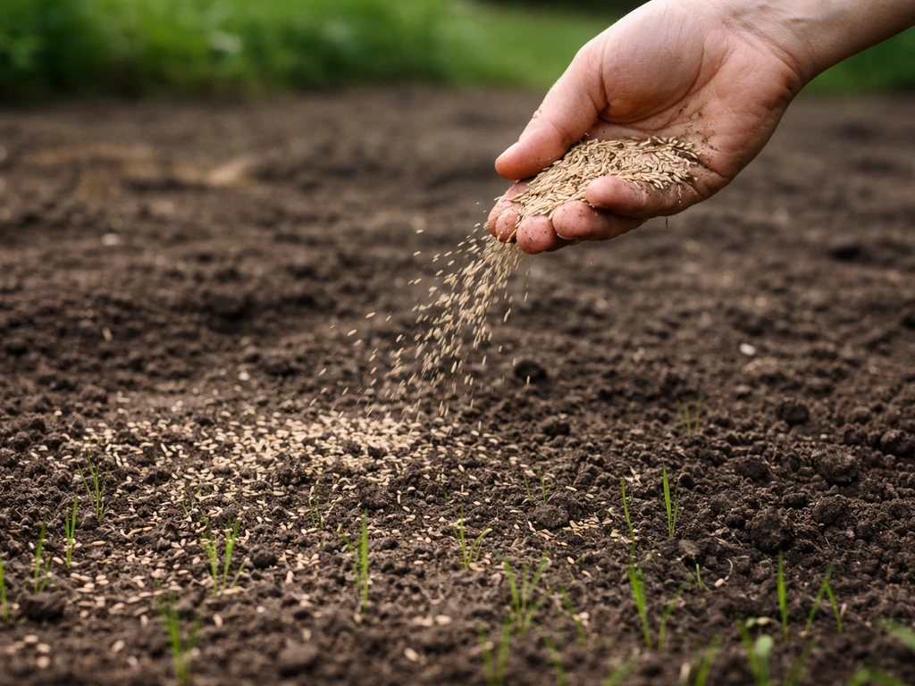 Hand strooit graszaad uit op kale, net losgemaakte grond in de tuin.