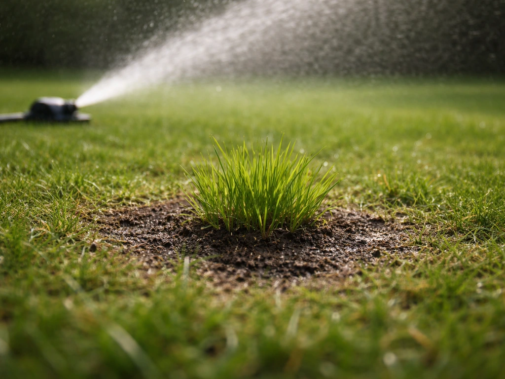Gazon met herstelde graspol dat net is beregend; vochtige bodem en waterdruppels rond een sproeier.