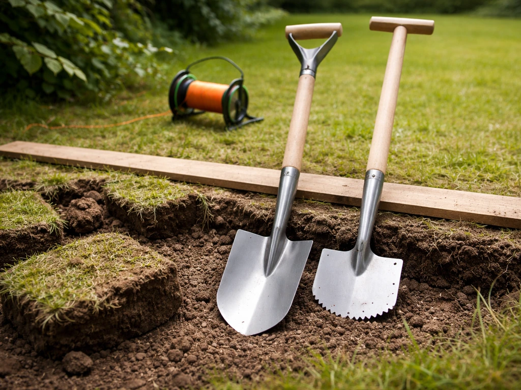 Scherpe spade, kantensteker en markeringsdraad op een plank in een stille tuinopstelling voor gras afsteken