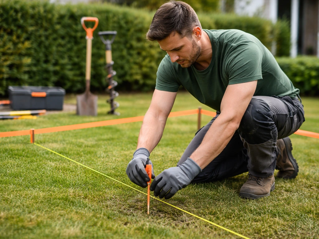 Tuinwerker markeert een graafzone op kort gemaaid gras, met graafinstrumenten en waarschuwende werkcontext.