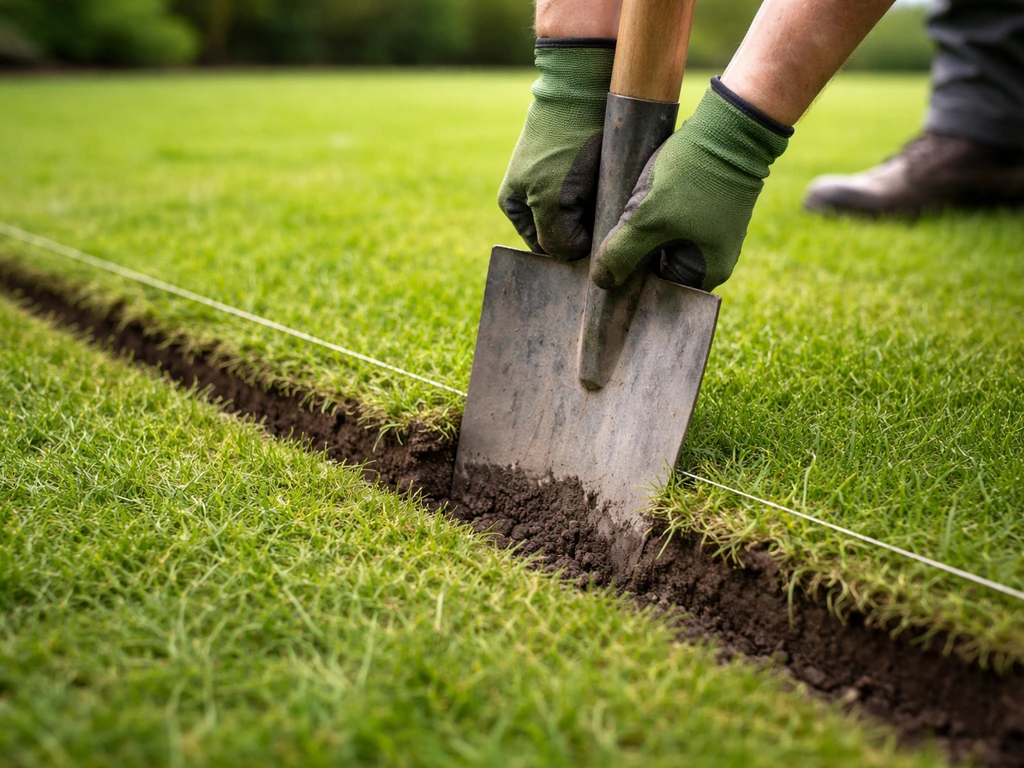 Handen steken een spade recht omlaag in het gazon langs een markerlijn, nette snede op 2–3 cm.