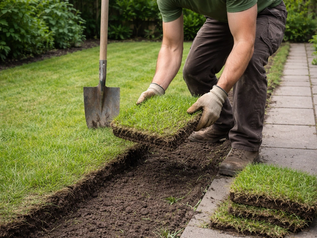 Tuinier verwijdert handmatig graszoden met een steekschop en legt de zoden op een tuinpad
