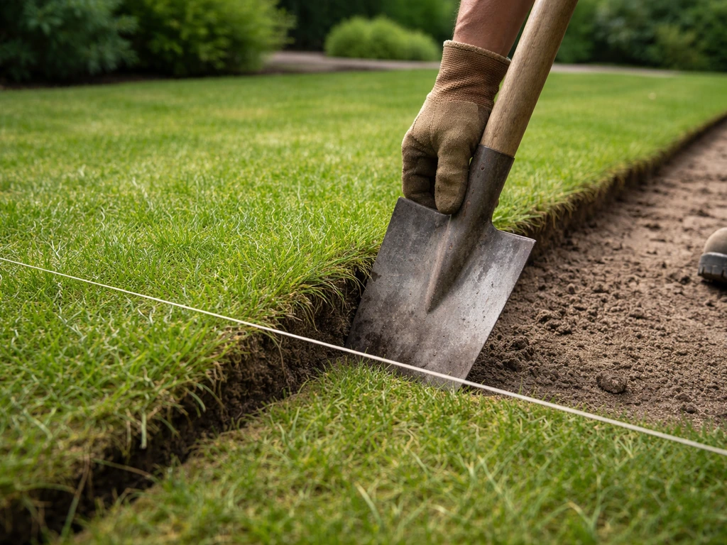 Close-up van een graszode die langs een strak touwtje met steekschop wordt losgestoken, gras en aarde zichtbaar.