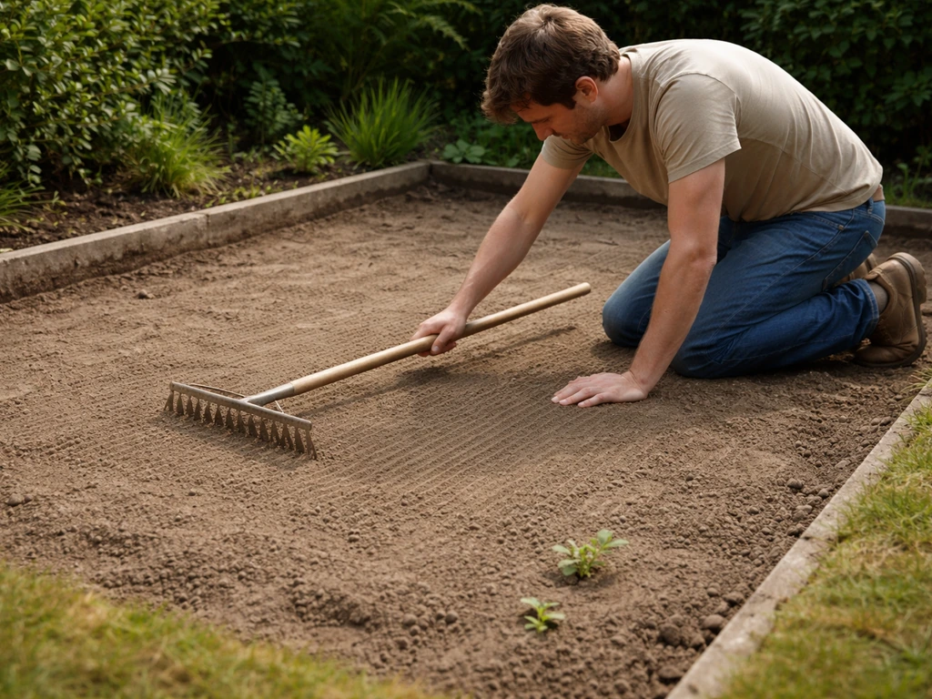 Iemand egaliseert een kaal plantvak met een hark; dun laagje aarde en enkele onkruidscheuten zichtbaar.