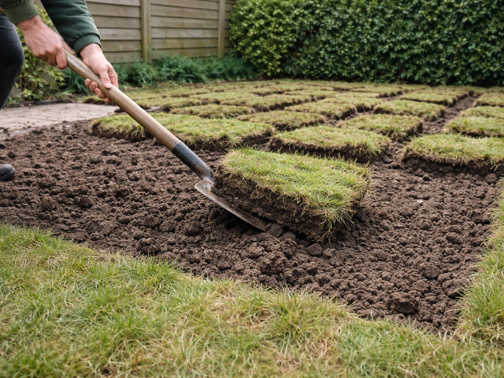 Omgekeerde graszoden naast blootliggende aarde na het oud gras omspitten, klaar voor een nieuw gazon.