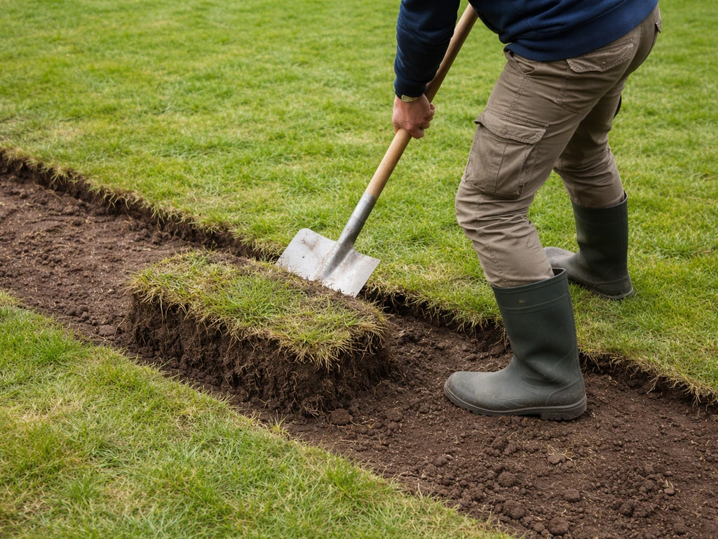 Tuinier draait met een spade een graszode om: wortellaag en aarde zijn zichtbaar naast onaangeroerd gras.