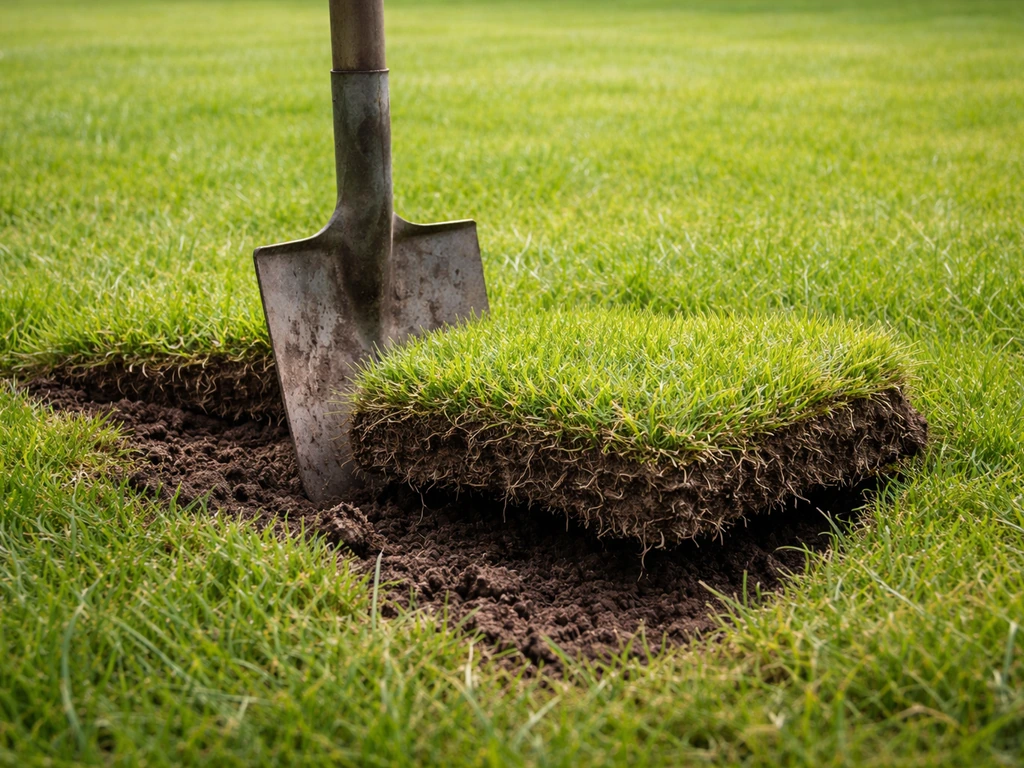 Close-up: spade steekt de grond in en tilt een grasplag op voor de eerste zode-omkering.