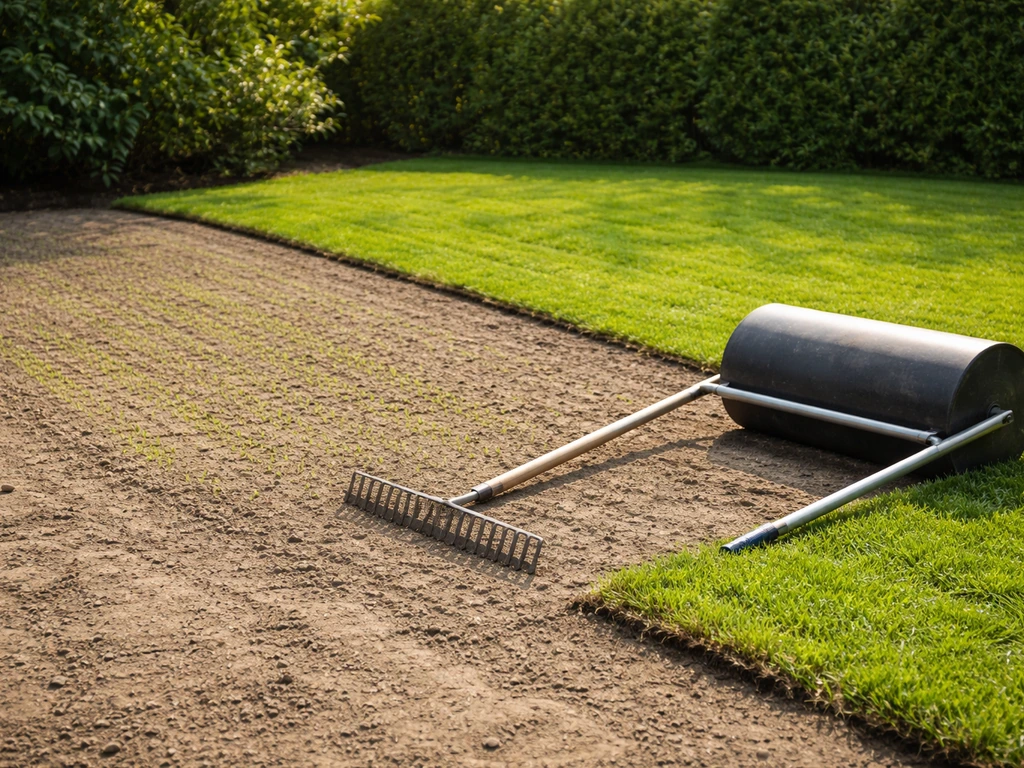 Tuin in voorjaar met nieuw aangelegd gras, zicht op ingezaaide stroken en gereedschap op afgewerkte ondergrond