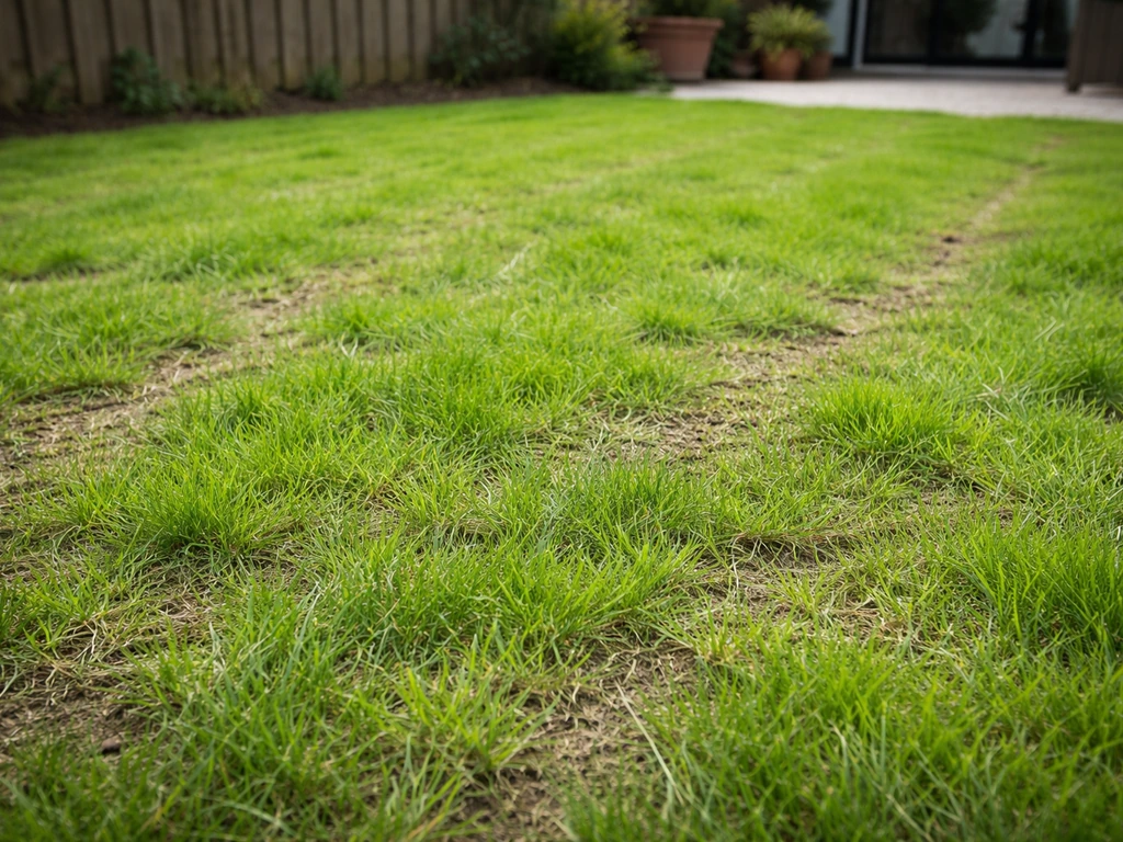 Close-up van intensief belopen speelgazon met zichtbaar herstel en nieuw groen gras tussen ingedrukt gras.