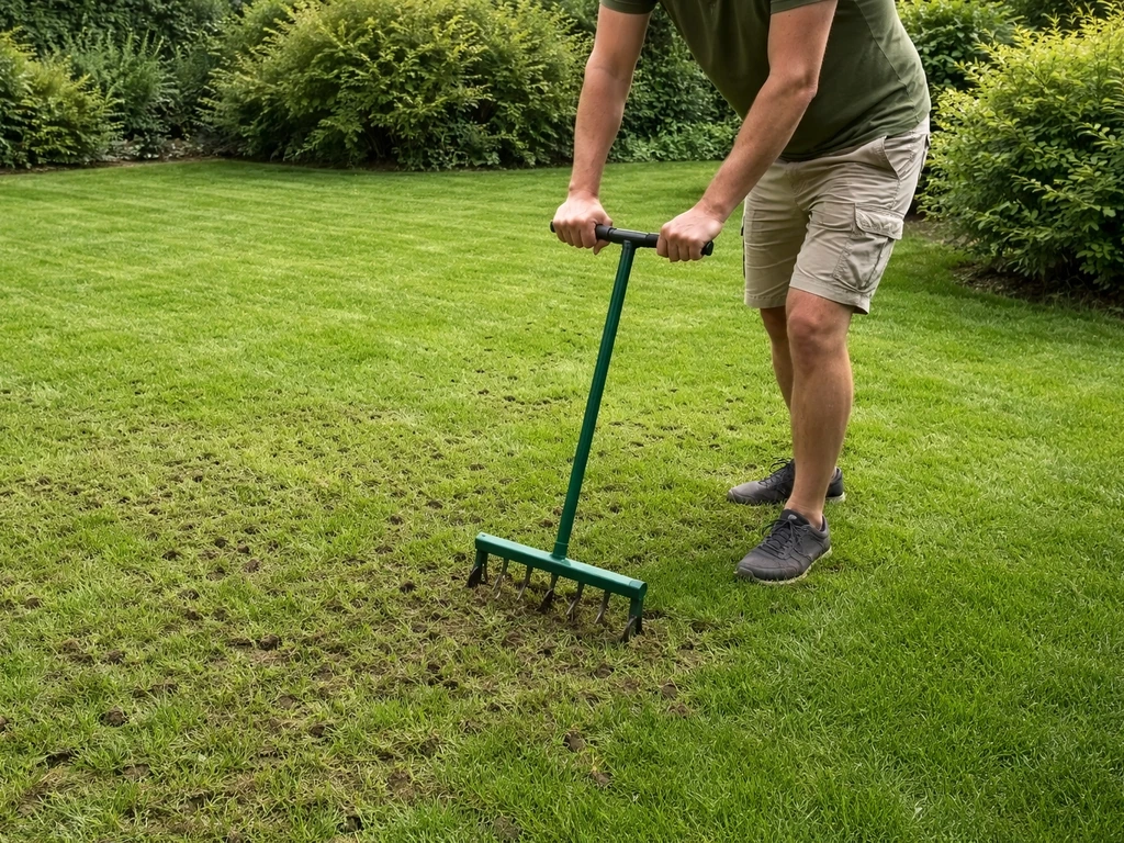 Persoon belucht het gazon met een kernbeluchter; zichtbaar resultaat met kleine gaatjes in het gras.
