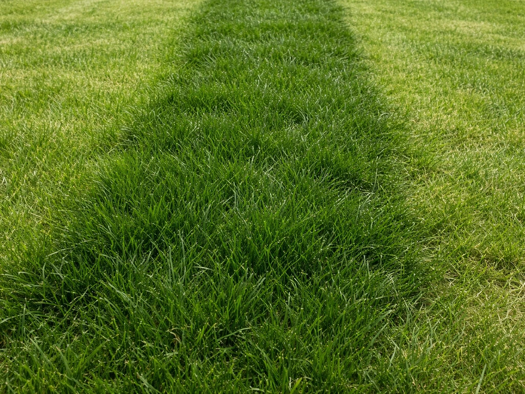 Close-up van een gazon met een duidelijk donkergroene plek waar het gras dikker en donkerder is.