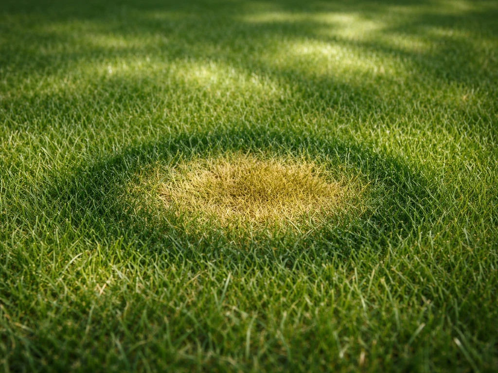 Donkergroene ringen rondom een plek op het gazon waar hondenurine viel