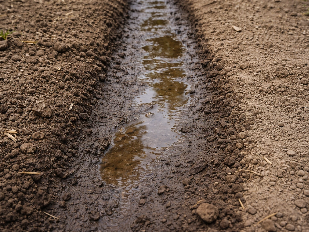 Close-up van verdichte grond met een donker natte strook waar water langer blijft staan.