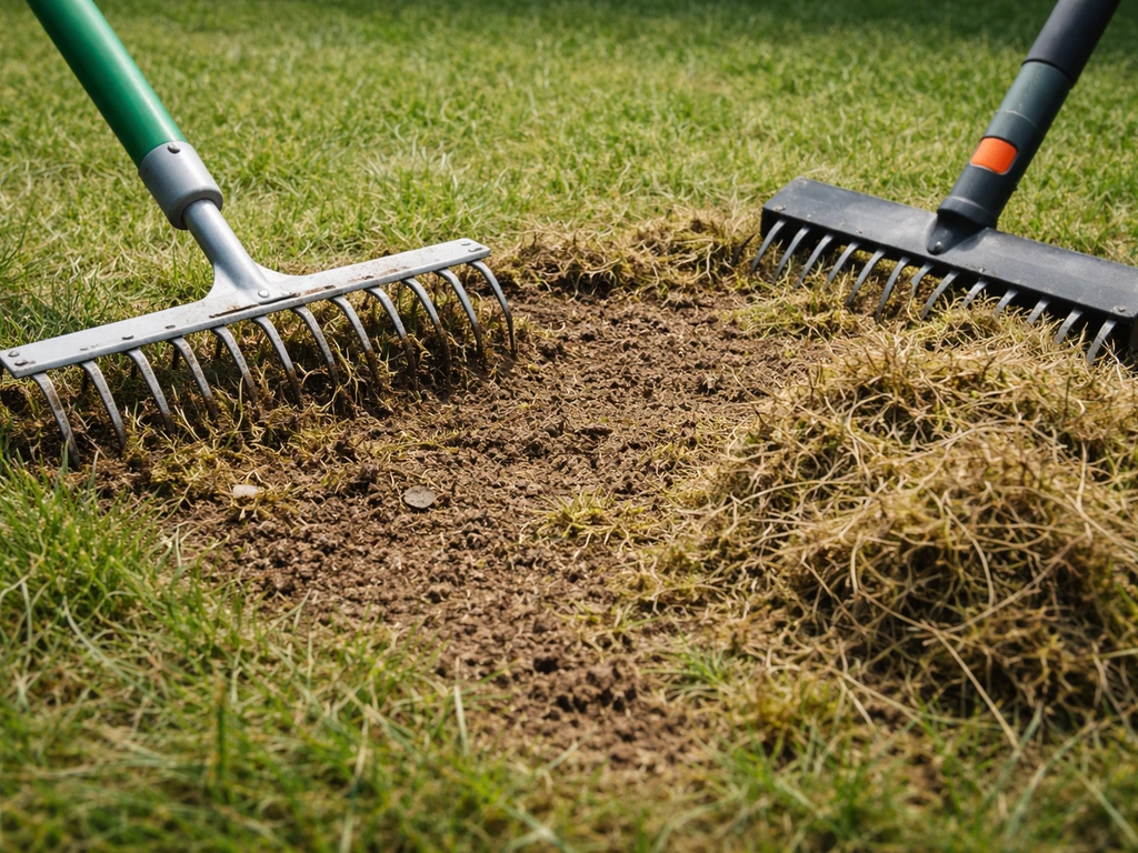 Close-up van een grashark/verticuteermes die dode gras- en mosresten uit een beschadigde grasplek krabt.