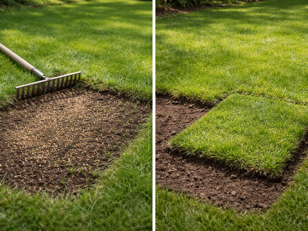 Splitsbeeld van bijzaaien (links met graszaad op kale plek) en zoden vervangen (rechts nieuwe graszoden).
