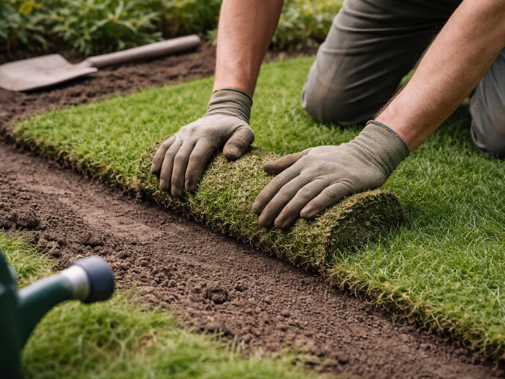 Tuinier drukt nieuwe graszoden strak tegen elkaar aan op een uitgekakte plek, met water geven na het leggen.