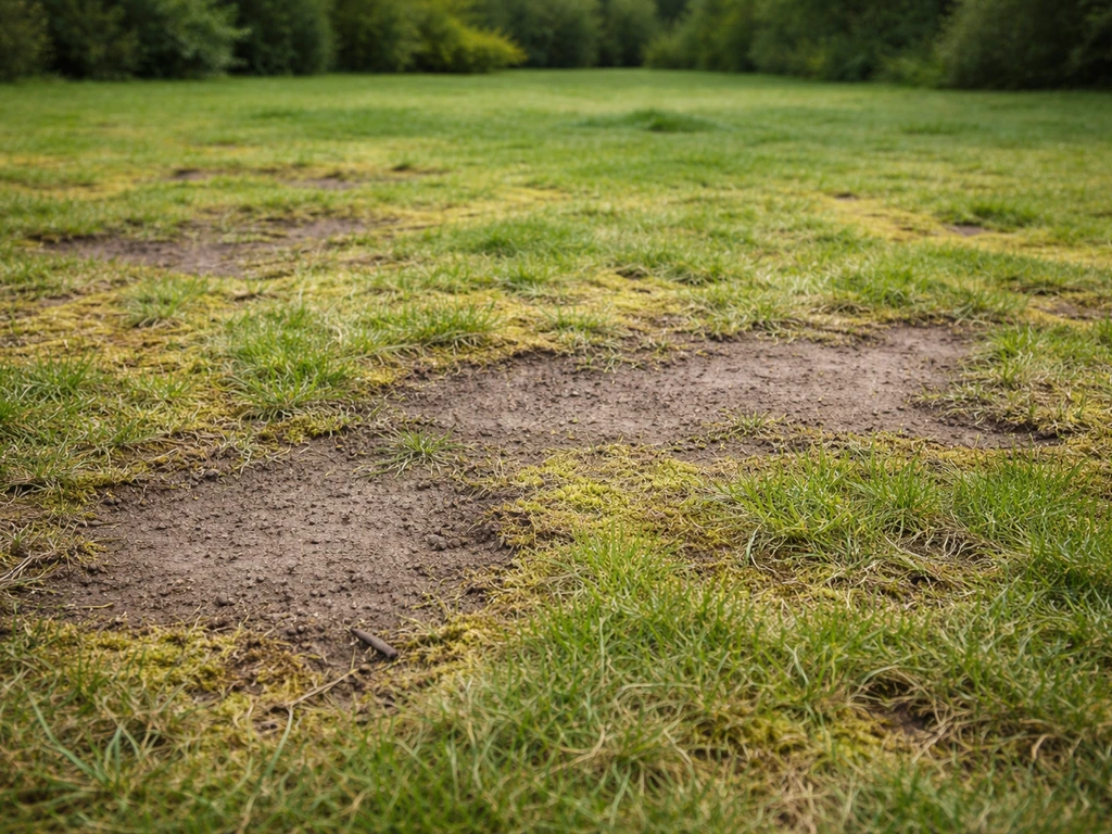 Aaf grasveld met kale plekken, mos/vilt en een ongelijk oppervlak, klaar voor herstel