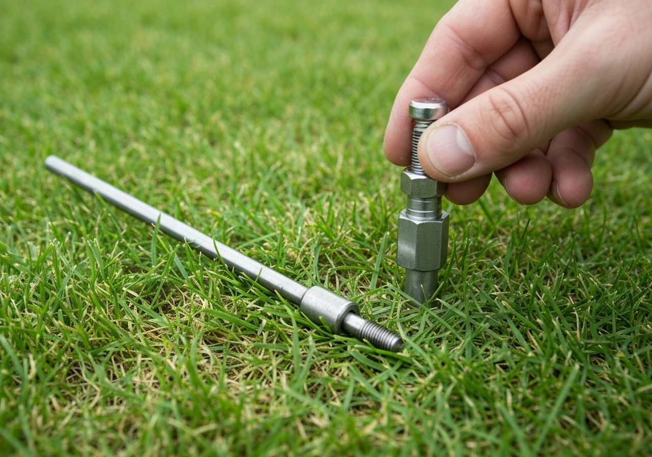 Schroevendraaier die in het gras wordt gedrukt om te controleren of de bodem verdicht is.