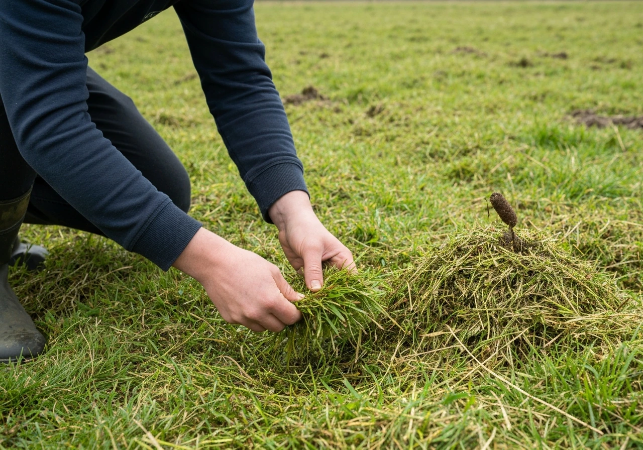 Handhark die gras openwerkt tot op de grond, met bruin vilt tussen de graspolletjes zichtbaar