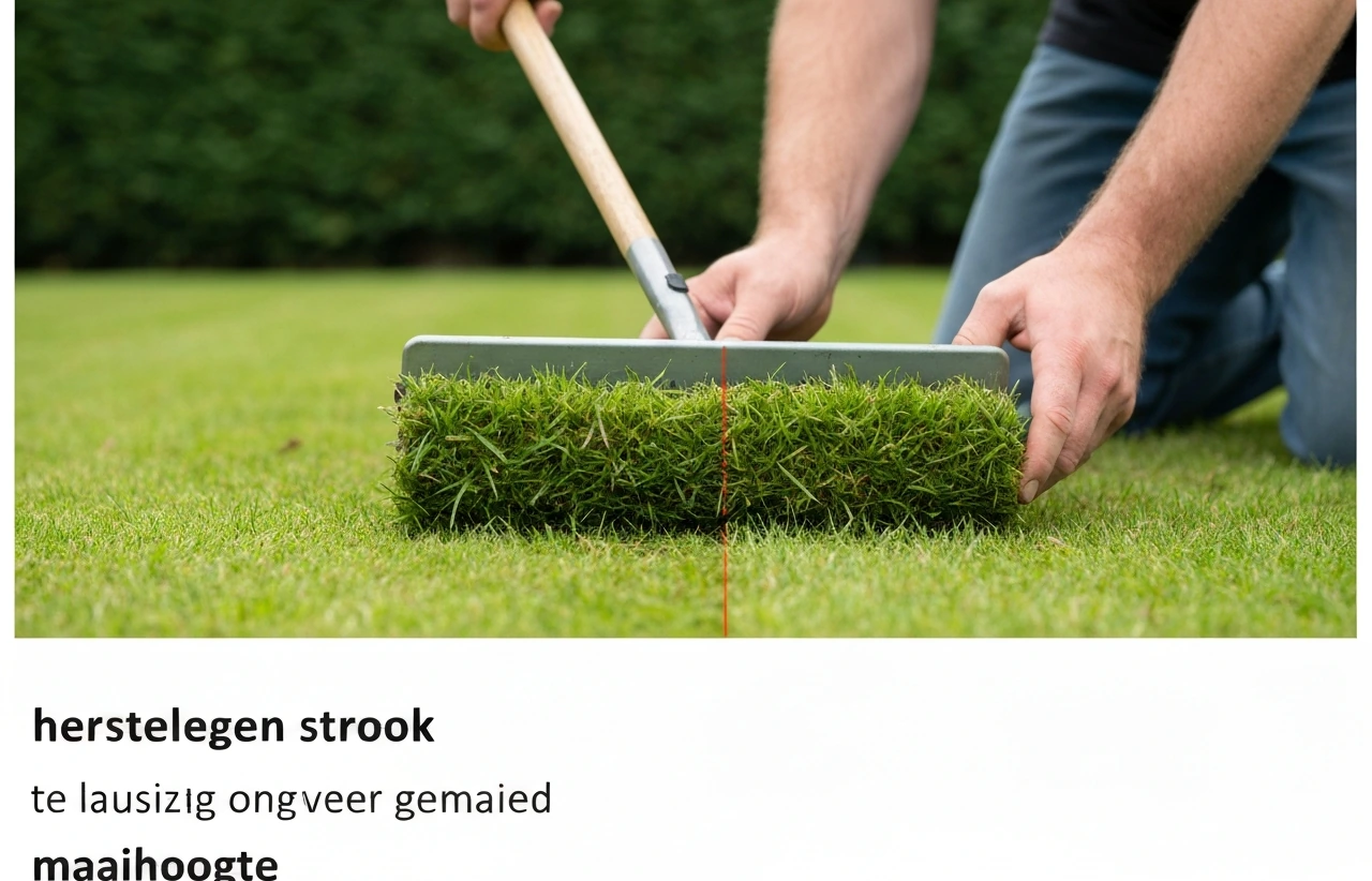 Grasmaaier op 4–6 cm in een herstellende gazonzone, met duidelijk verschil naar een lager gemaaid stuk.