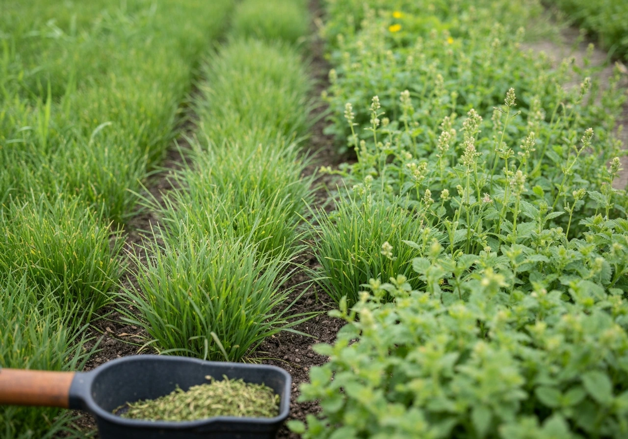 Close-up van gras en klaver in een tuin met een hark en teelaarde bij kale plekjes.