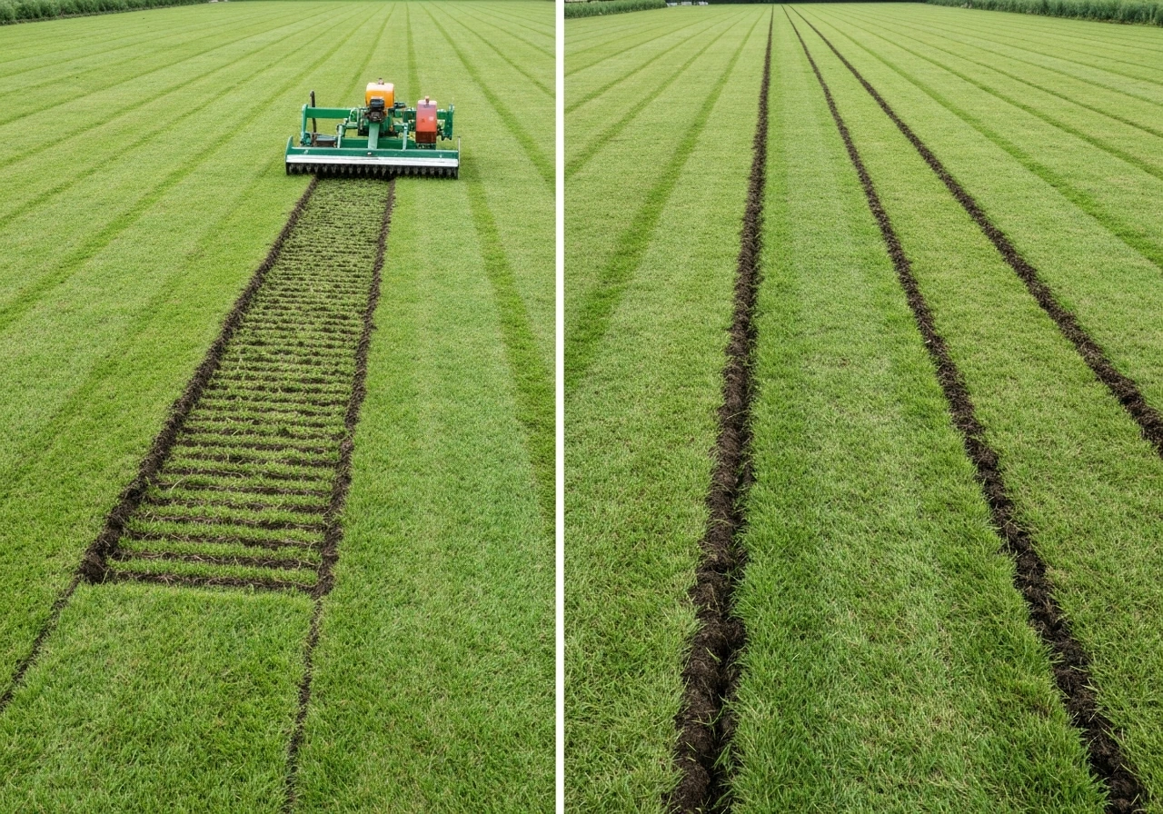 Vergelijking op één grasveld: links beluchten met holle kernen, rechts verticuteren met losgesneden vilt.