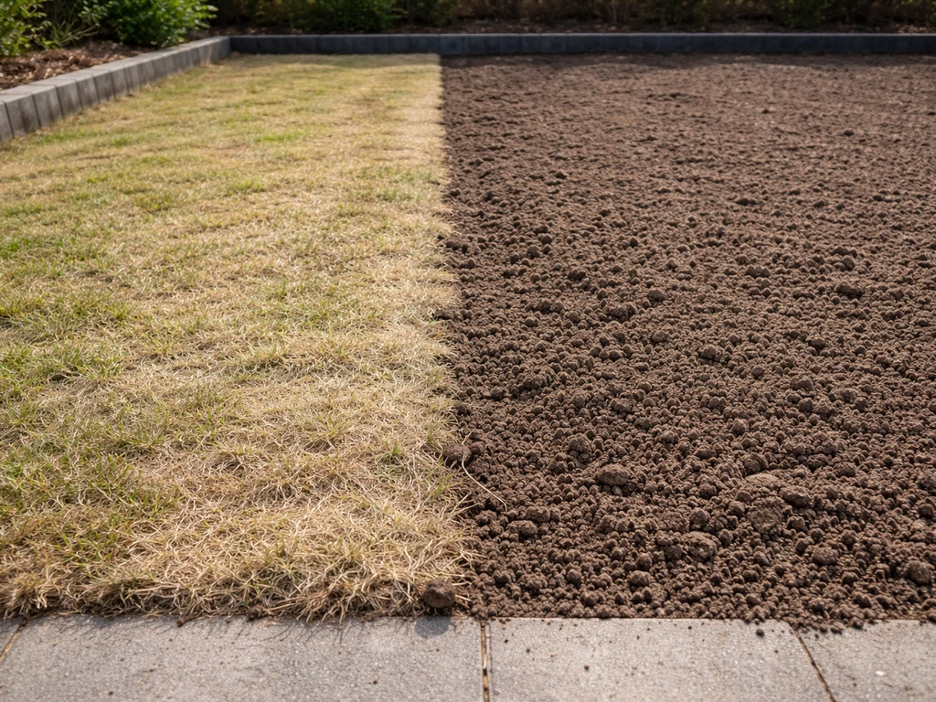 Tuin met afgestorven gras aan één kant en gereedgemaakte, losse bodem voor herstel aan de andere kant.
