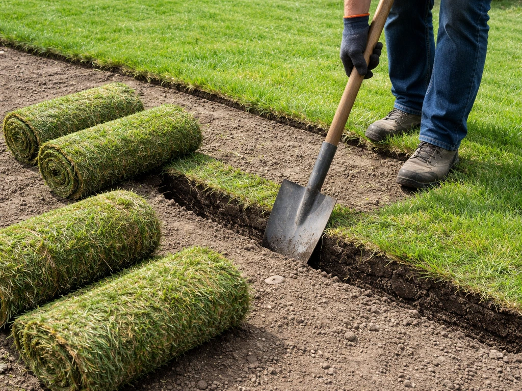 Handen met greppelspade steken een grasmat in stroken af; zoden liggen los met zicht op de graafdiepte.