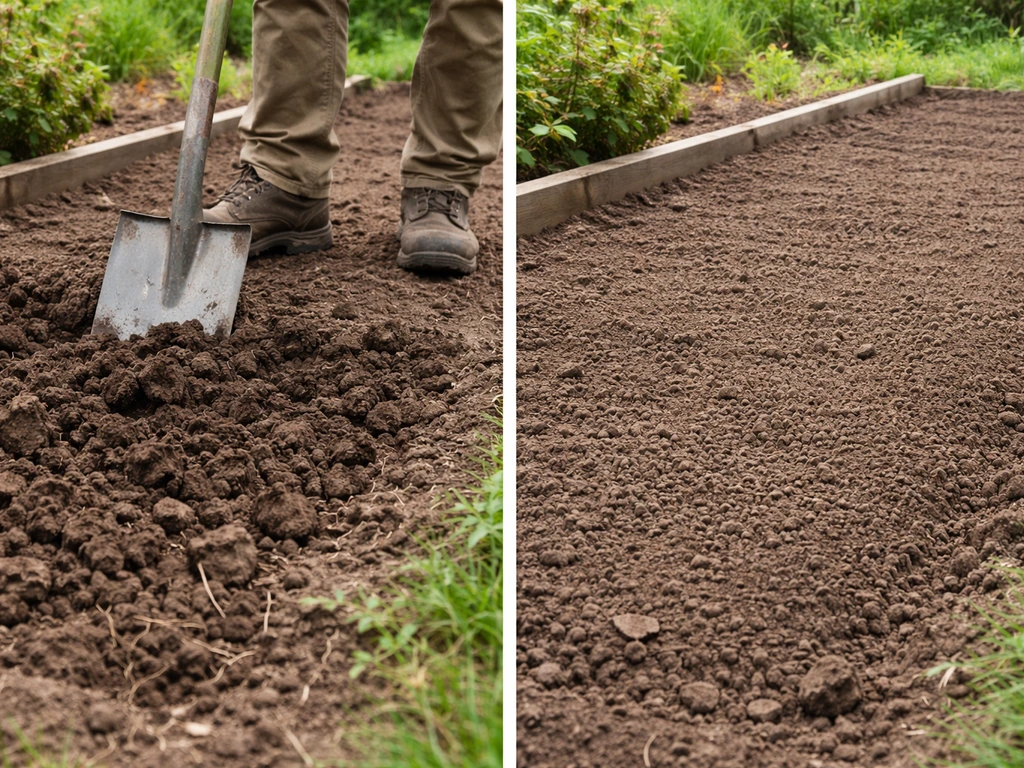 Gereviseerde tuinbodem: cultivator in de grond en daarna geëgaliseerde aarde klaar voor inzaaien.