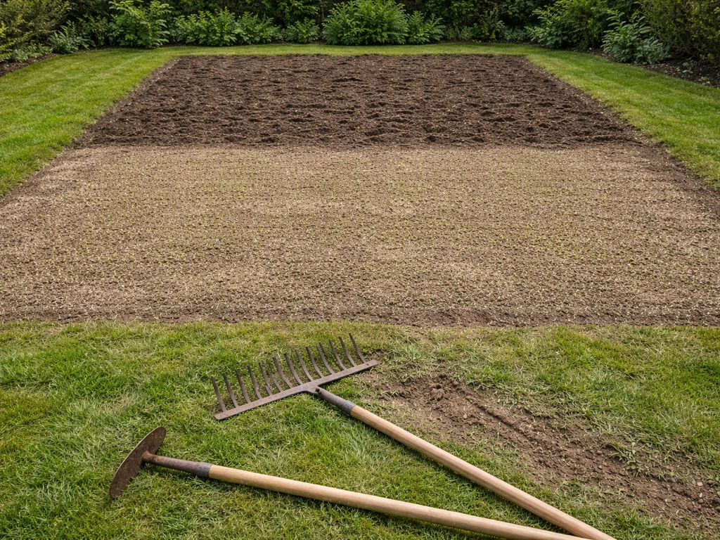 Vernieuwd gazon met omgeschepte aarde en vers gezaaid gras, klaar om vandaag te starten