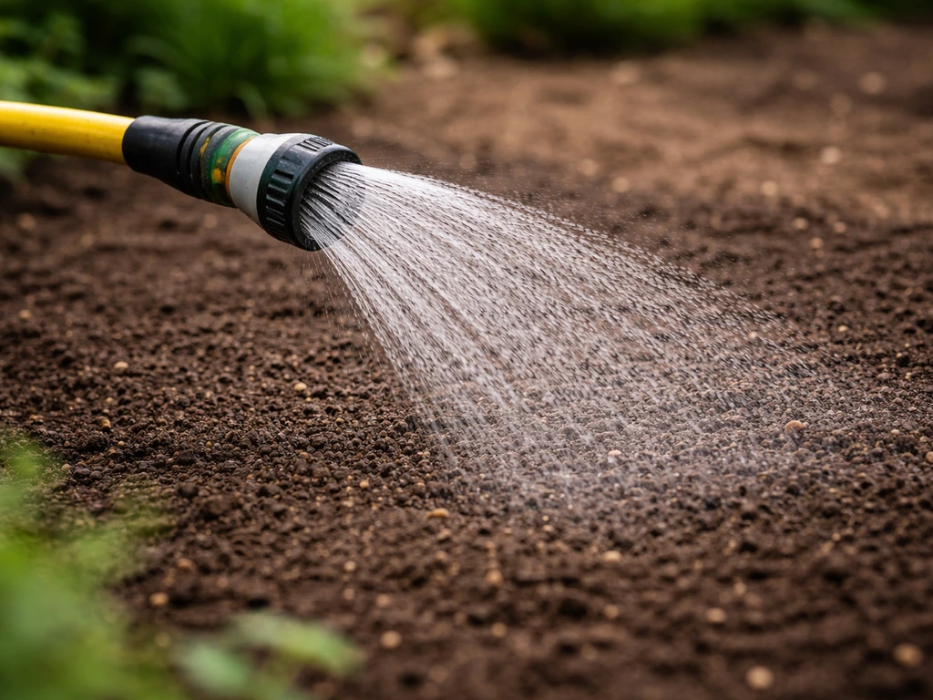 Tuinslang met fijne sproeikop die gelijkmatig water geeft over pas ingezaaide grond, zonder plassen.