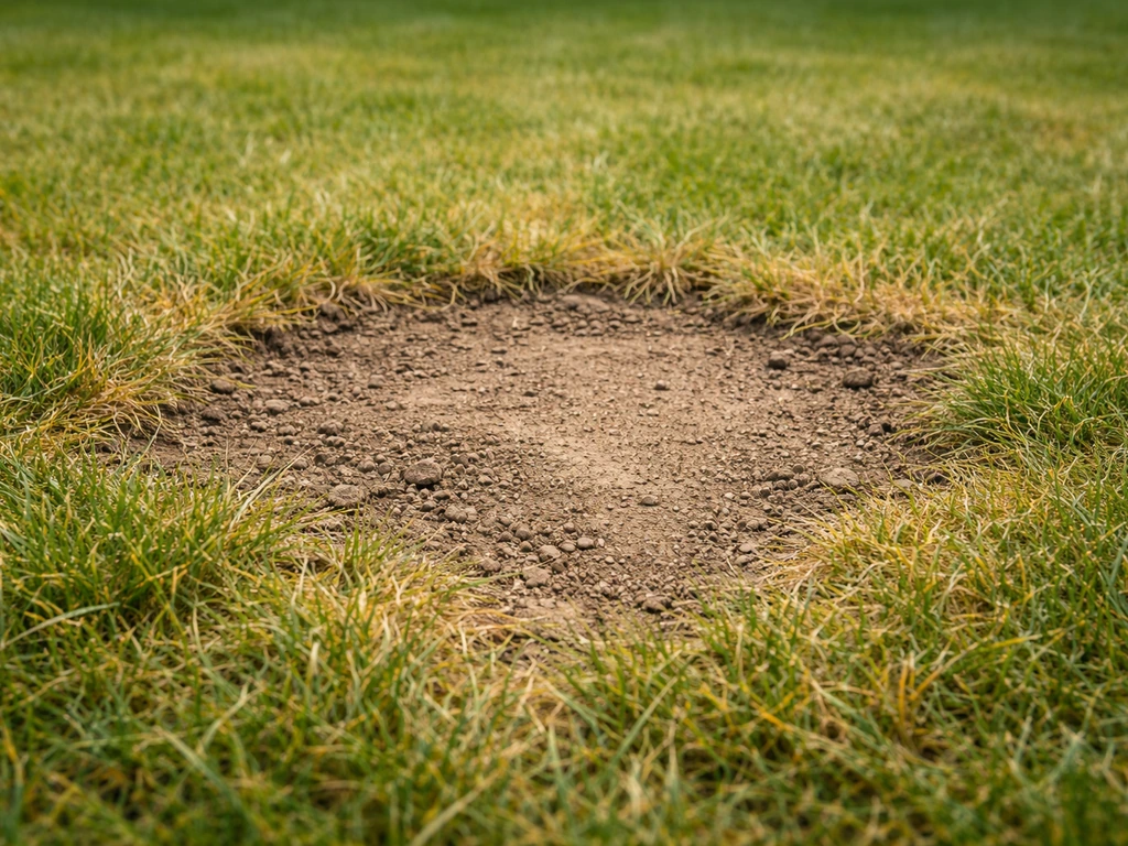 Close-up van een kale plek in het gazon en wat geel geworden nieuw ingezaaid gras