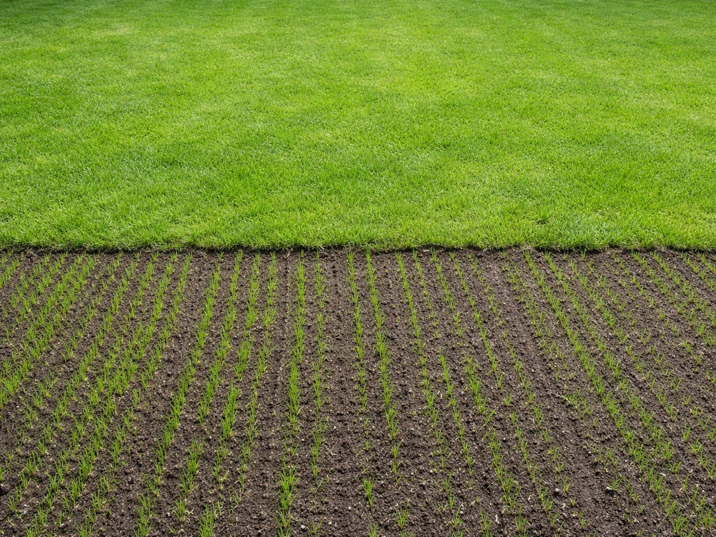 Bovenaanzicht van een vernieuwd gazon met duidelijke overgang naar recent doorgezaaide, verse grasgroei.