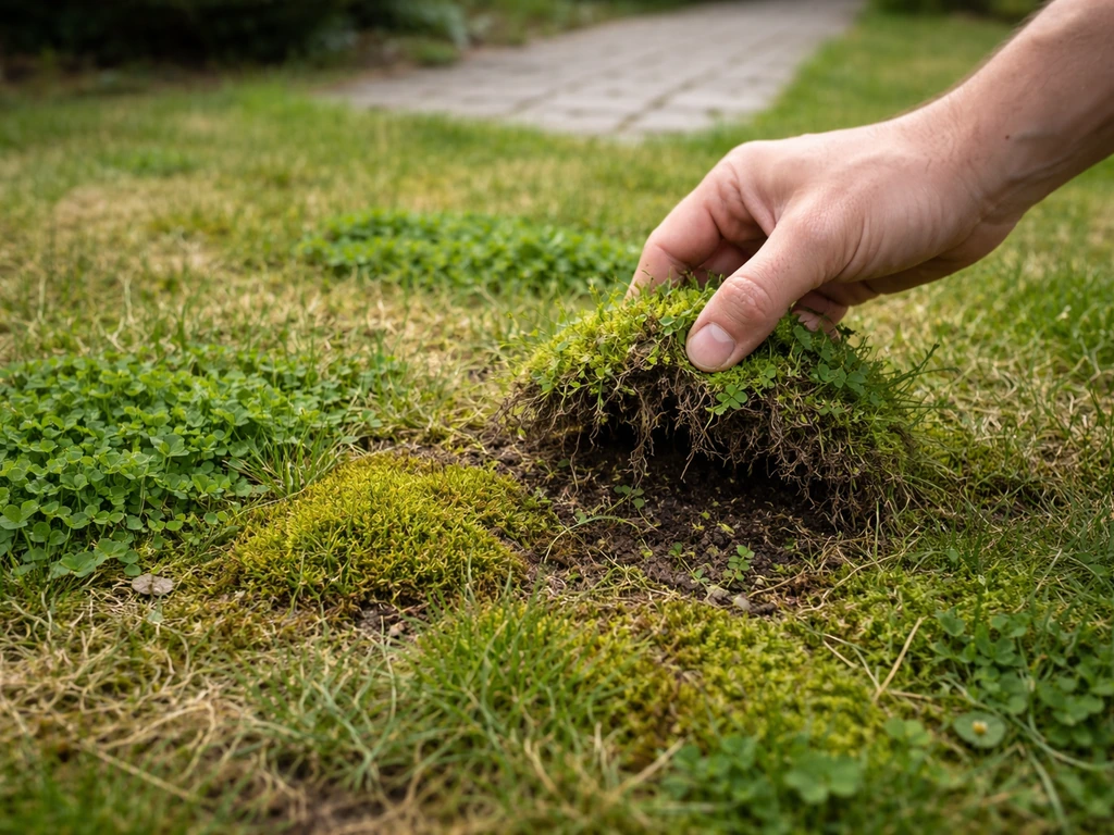 Close-up van gazon met duidelijk mos en klaver en dunner gras, alsof renovatie nodig is.