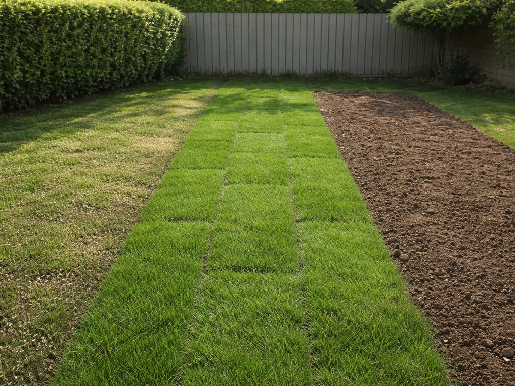 Minimalistische tuin-scène die drie grasherstelopties toont: doorzaaien, zoden leggen en volledig vervangen.