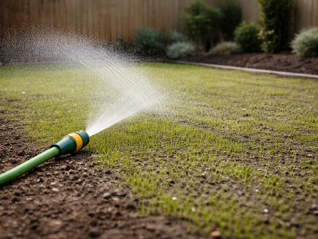 Sproeier geeft gelijkmatige watergift aan net ingezaaid gras in een stille Nederlandse tuin na renovatie.