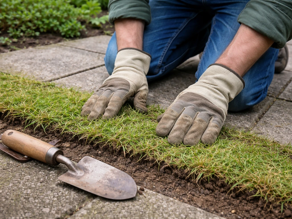 Een persoon met handschoenen knielt in een tuin en bereidt een grasstrook voor verwijdering of afdekking