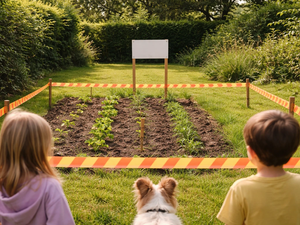 Kinderen en huisdieren buiten afgezette tuin, met lint dat aangeeft dat het behandelde stuk niet betreden mag worden.