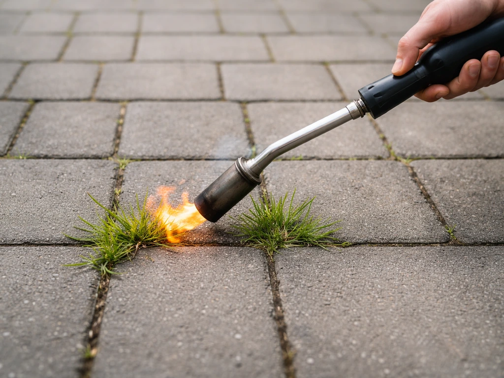 Hand met onkruidbrander die vlam richt op gras tussen klinkers en voegen op een tuinpad