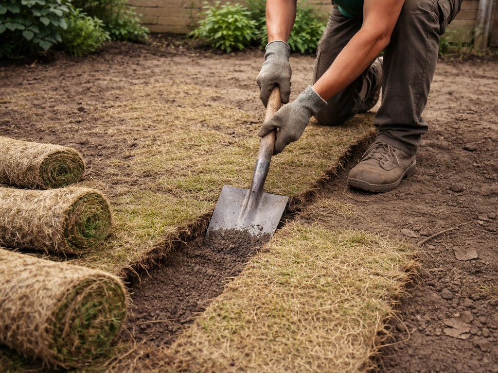 Anonieme tuinman steekt dode graszode los in repen en rolt/tilt ze weg in een tuin